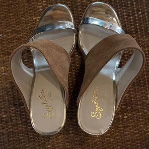 Fun Suede and gold Seychelle high heeled sandals.